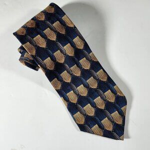 Bill Blass Necktie Men's Tie Silk Blue Gold and Grey Geometric Pattern